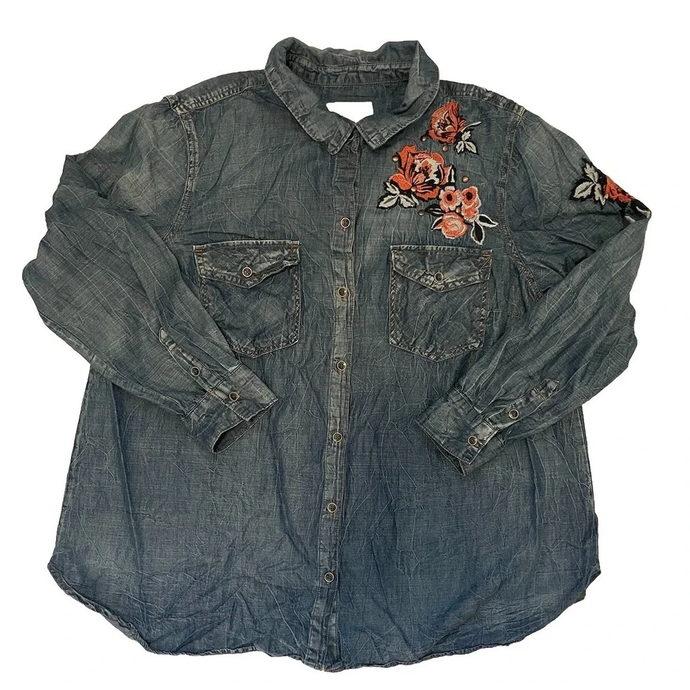 Jessica Simpson Womens Sz 1X Blue Denim Twill Embroidered Studded Western Boho - Picture 1 of 8